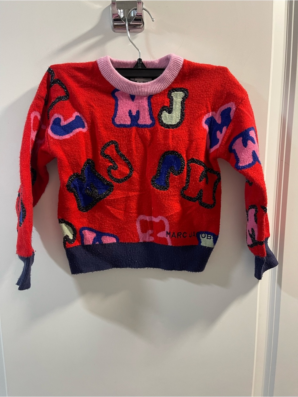 Marc Jacobs Red Crewneck Sweater with Multicolor Letter Motifs Size 4